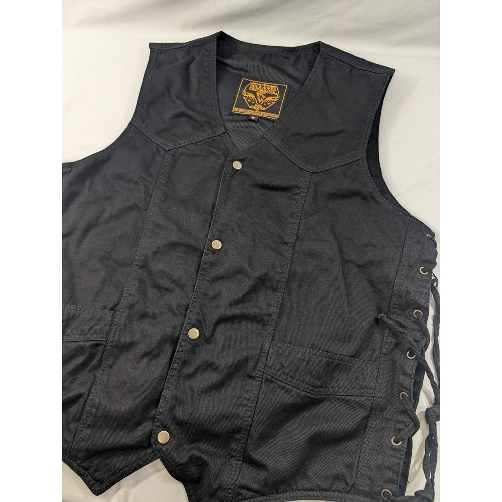 Milwaukee Performance Heavy Denim Biker Vest Sleeveless Snap Black Lace Up XL